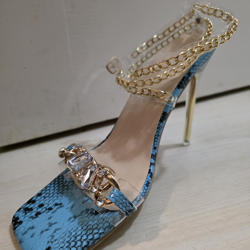 Blue Snakeskin Stiletto Heels with Gold Chain